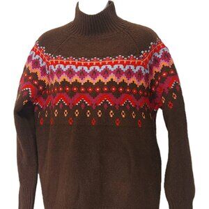 Lou Grey LOFT Fair Isle Sweater Mock Neck Size Med Cuban Coffee Brown Pink